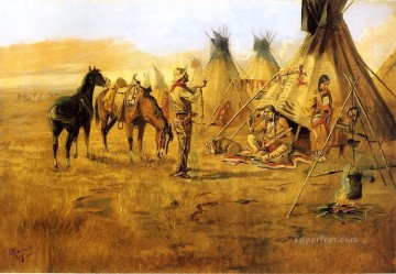 チャールズ・マリオン・ラッセル Painting - インディアンの女の子を求めて交渉するカウボーイ カウボーイ インディアン西部アメリカ人 チャールズ マリオン ラッセル